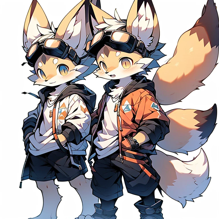 boy，Fennec fox ，Wear goggles，Wearing a hoodie and shorts，systemic，Young，adolable，The is standing，独奏，Pale color background