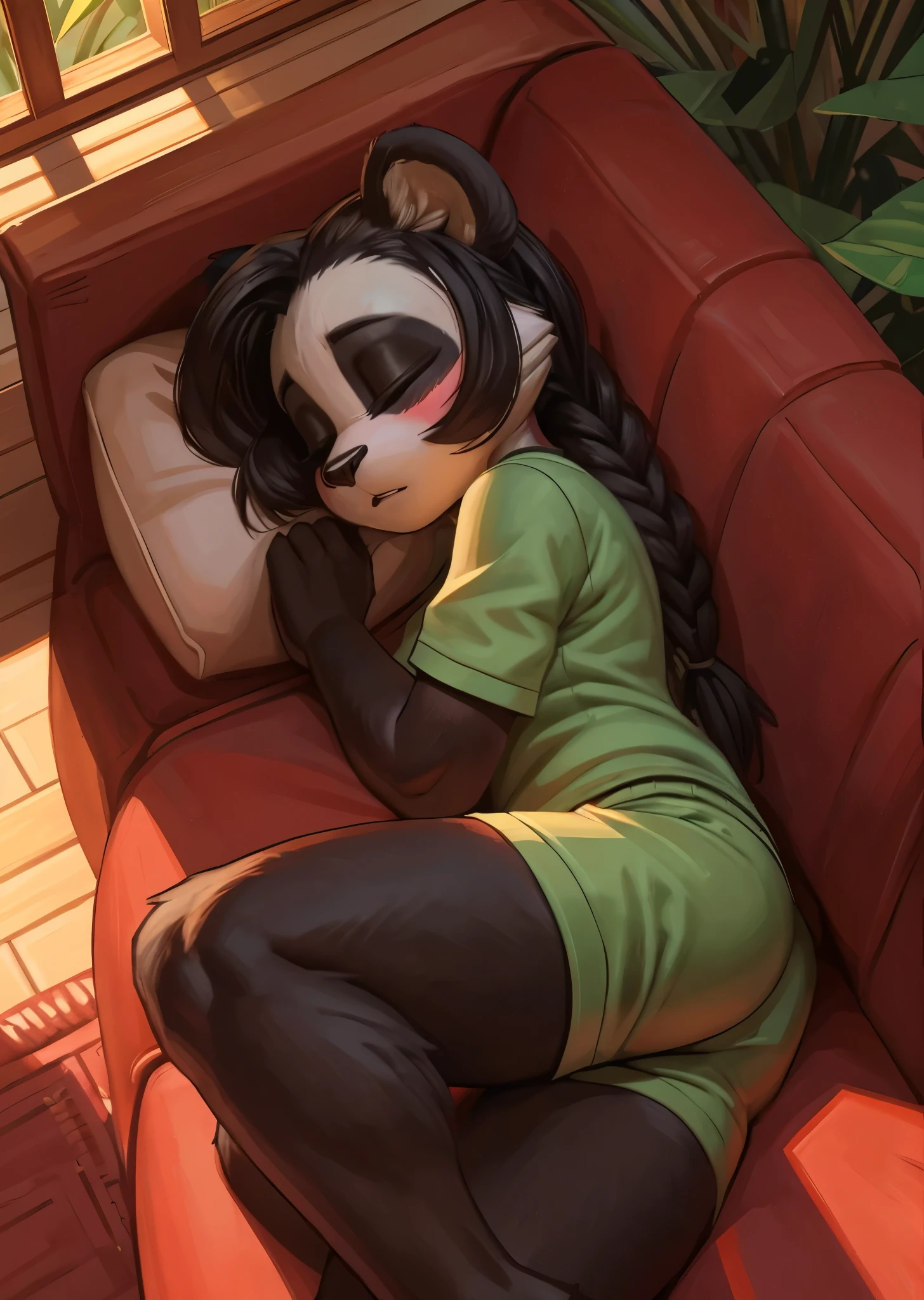 [Yaya Panda], [Uploaded to e621.net; (Pixelsketcher), (wamudraws)], ((masterpiece)), ((HD)), ((solo portrait)), ((full body)), ((bird's-eye view)), ((back view)), ((furry; anthro)), ((detailed fur)), ((detailed shading)), ((beautiful render art)), ((intricate details)), {anthro panda; white fur, (black fur on arms), (black fur on legs), black nose, (both eyes closed), (short eyelashes), (black eyeshadow), (long black hair), (braided hair), (curvy hips), (beautiful legs), (blushing), (sleeping expression)}, {(green tee shirt), (red lounge shorts)}, {(laying on couch), (sleeping)}, [background; (bamboo forest), (living room), (window), (blue sky), (sun rays), (ambient lighting)]
