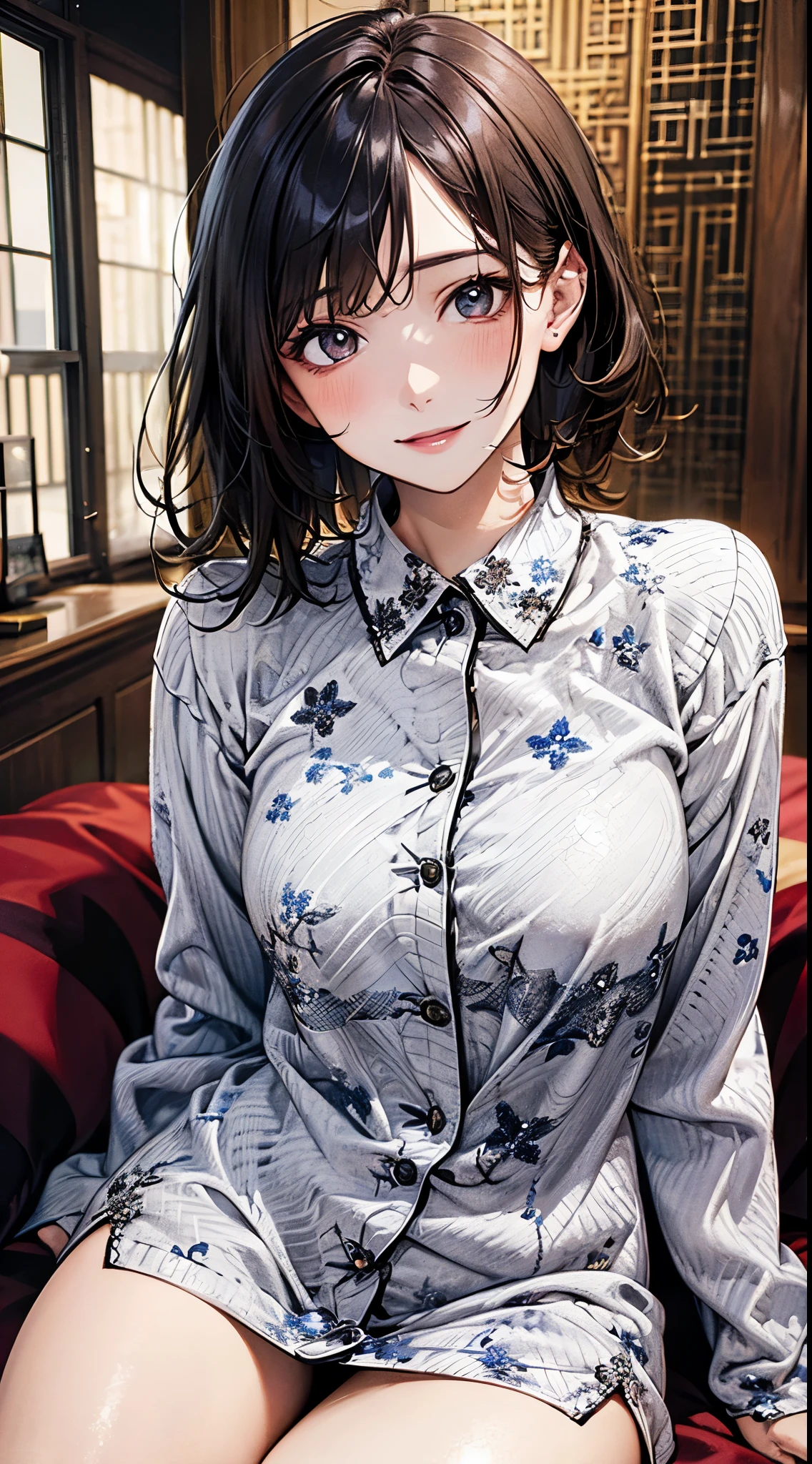 ((perfect anatomy, anatomically correct, super detailed skin)), 1 girl, japanese, , (detailed ultra-oily shiny skin:1.1), watching the view, adorable smiling,
beautiful hair, beautiful face, beautiful detailed eyes, (short hair:1.2, messy hair:1.2), parted bangs, babyface,
beautiful clavicle, beautiful body, beautiful breasts, (large breasts:0.8), beautiful thigh, beautiful legs,
((pajamas)),
(beautiful scenery), living room, table, sitting cushion,
(8k, top-quality, masterpiece:1.2, extremely detailed), (photorealistic), beautiful art, visual art, depth of fields, cinematic lighting, ,