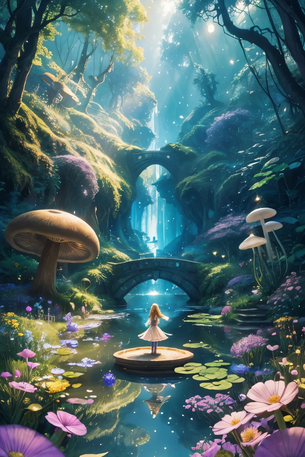 Alice in Wonderland and the Mysterious Golden Compass

(best quality,4k,8k,highres,masterpiece:1.2),ultra-detailed,(realistic,photorealistic,photo-realistic:1.37),enchanting,whimsical,imaginative,adventurous,curious girl,1girl,mesmerizing gaze,long flowing hair,cute freckles,bright smile,curious look,inquisitive expression,playful attitude,sparkling eyes,beautiful detailed eyes,beautiful detailed lips,extremely detailed eyes and face,long eyelashes

fantasy,storybook,magical garden,lush greenery,colorful flowers,talking animals,charming teacups,floating teapot,curious creatures,dancing mushrooms,giant toadstools,sparkling river,enchanted forest,mysterious door

vibrant colors,pastel shades,golden hues,soft lighting,magical glow,rays of sunshine,shimmering reflections

medium:watercolor-like, dreamy illustrations,whimsical paintings,fairy tale inspired artwork

[abstract:0.9],[surreal:0.9],dream-like elements,mind-bending landscapes,illusionary scenes

(adventure,exploration:1.1),hidden treasures,magical secrets,timeless wonder,endless possibilities,unraveling mysteries,journey of self-discovery,unknown destinations,unusual encounters

Let the Mysterious Golden Compass lead Alice into a whimsical Wonderland, where she embarks on an enchanting adventure. With her mesmerizing gaze and inquisitive expression, the curious girl explores a magical garden filled with lush greenery and colorful flowers, accompanied by talking animals and charming teacups. A floating teapot and dancing mushrooms add to the whimsy of the scene, while a giant toadstool and a sparkling river create a sense of wonder.

The vibrant colors and golden hues of the garden are bathed in soft lighting, casting a magical glow over everything. Rays of sunshine and shimmering reflections enhance the dreamy atmosphere. The artwork has a watercolor-like quality, with dreamy illustrations that transport the viewer into a fairy tale-inspired world.

Adding an abstract and surreal touch, the scene also features mind-bending landscapes and illusionary elements. As Alice goes on her adventure, she uncovers hidden treasures and mysterious secrets, embarking on a journey of self-discovery. The timeless wonder and endless possibilities of Wonderland unfold before her eyes, revealing unknown destinations and unusual encounters.

Let the Mysterious Golden Compass guide Alice through this imaginative and whimsical world, where reality merges with fantasy and anything is possible.