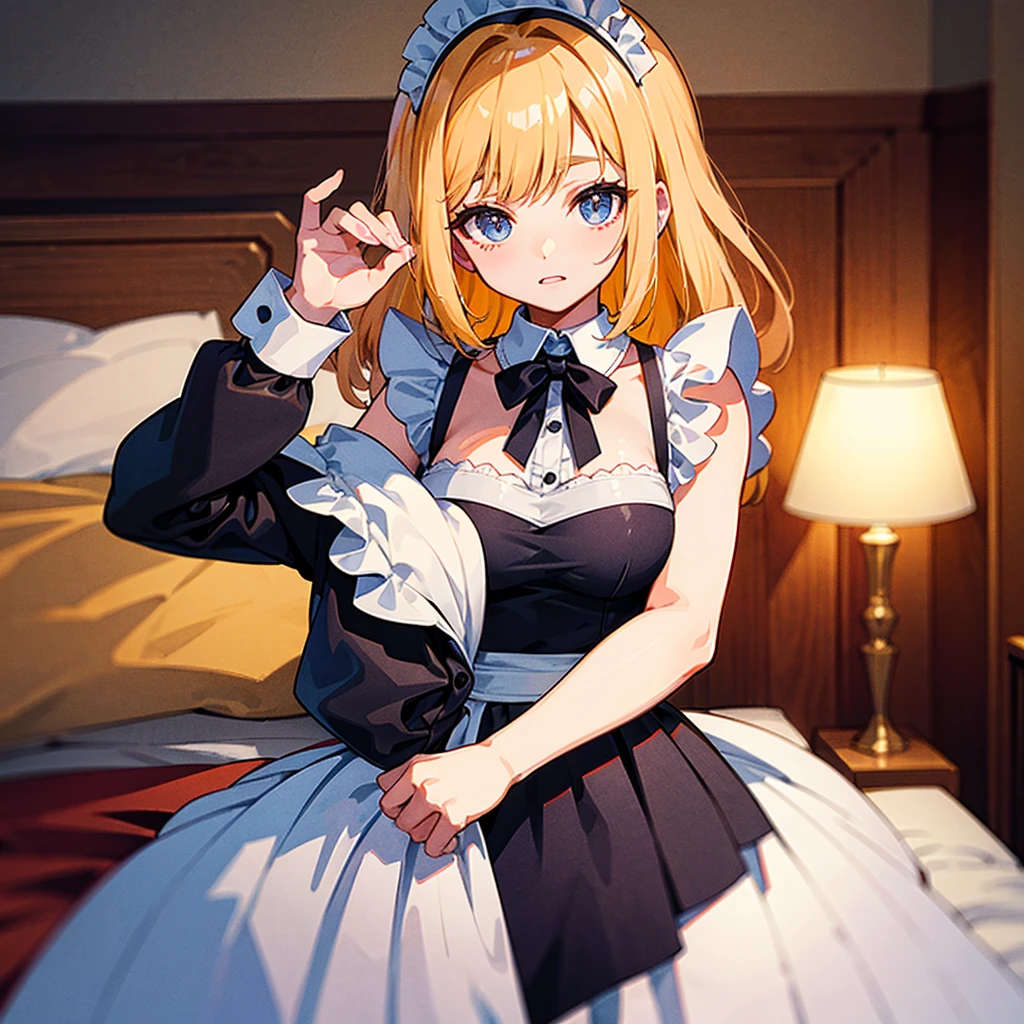 a girl laying down on a bed, 1girl, ultra detailed, high quality, indoors, bedroom, bed, cute, blushing, beautyful face, beautyful body, white dress, laying on her back, blonde hair, short hair, white stocking. fullbody,