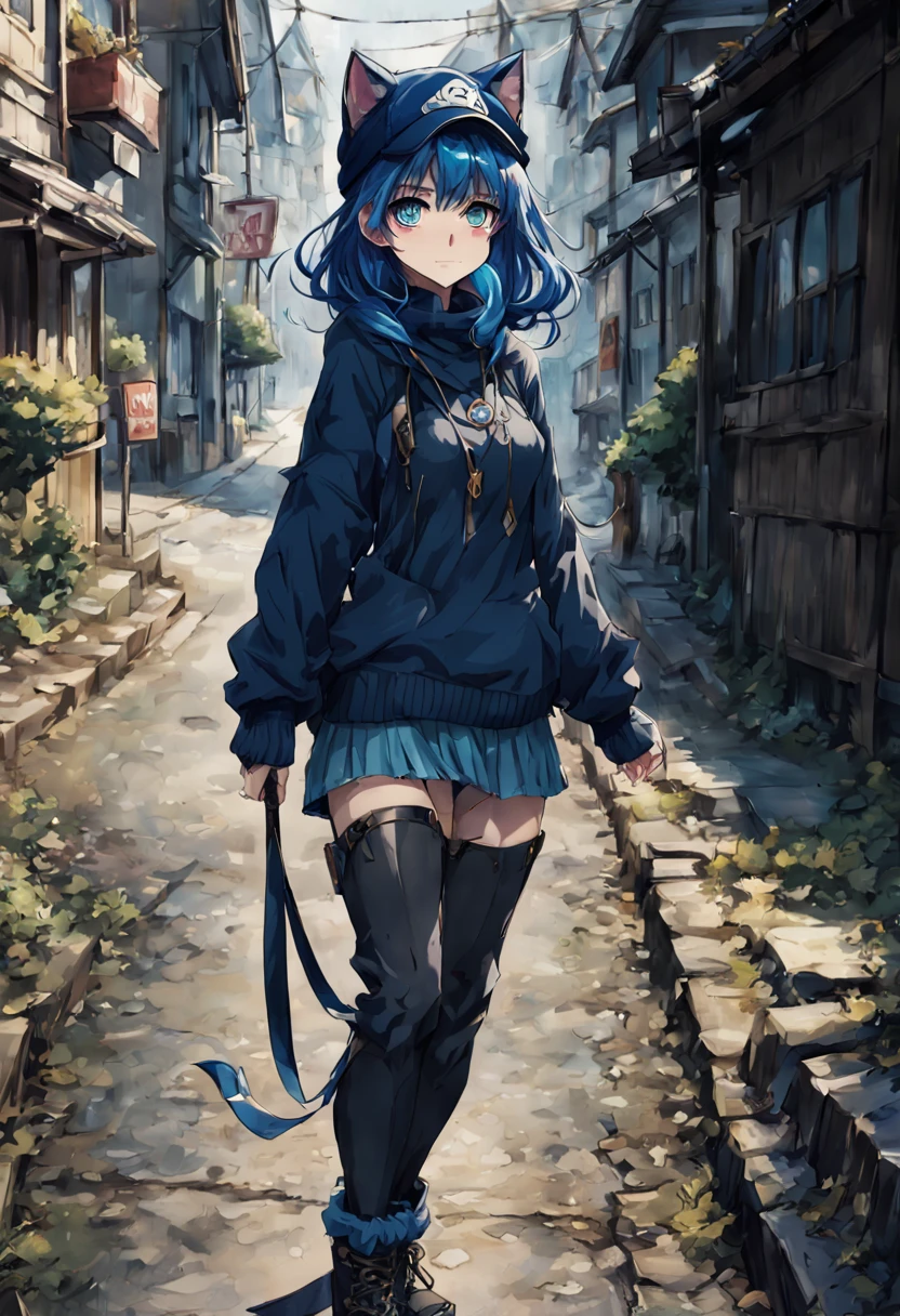 Meisterwerk,Anime Catgirl,Lange Haare,blaues Haar,Kapuzenpullover,schulterfrei:1.2, Mob Cap, road,hand on hip, Hand in der Hosentasche,