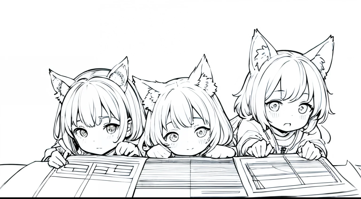 childrens with 10 years,animal ears,(white background, line drawing),