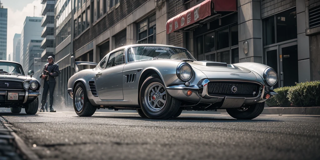 1960s style metallic-gray sports car parked in front of a large building, pexels contest winner, renaissance, automotive photography, vehicle photography, no watermarks, car commercial photograph, sportscar, shot on sony a 7 iii, full view of a sport car, 🤬 🤮 💕 🎀, car photography