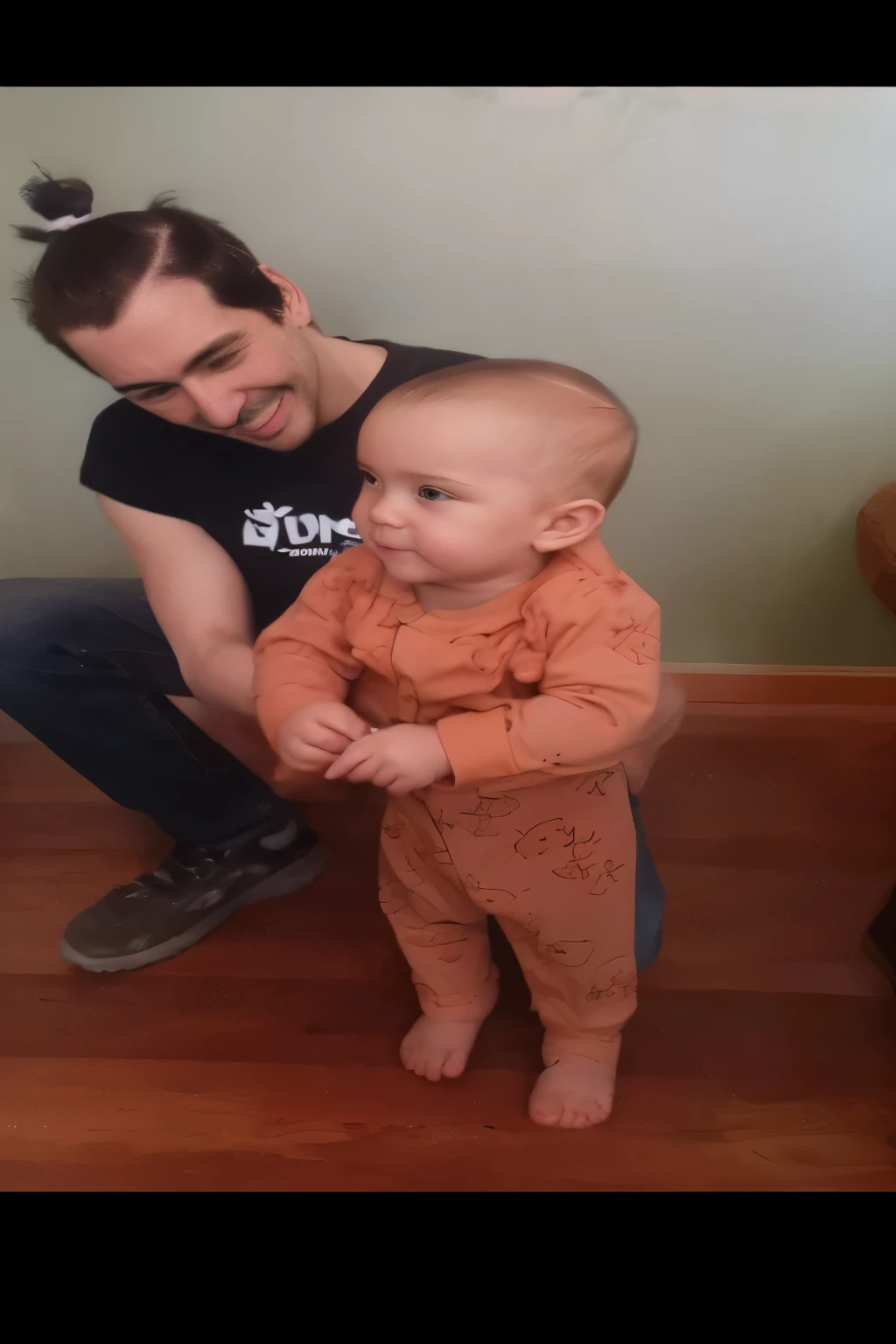 there is a man holding a  in his arms, with a babyring orange onesie jumpsuit, profile pic, looking cute, painfully adorable, very silly looking, cute boy, linus sebastian, wearing an orange jumpsuit, wearing cave man clothes, towering above a small person, very very high quality picture, looking happy, very handsome