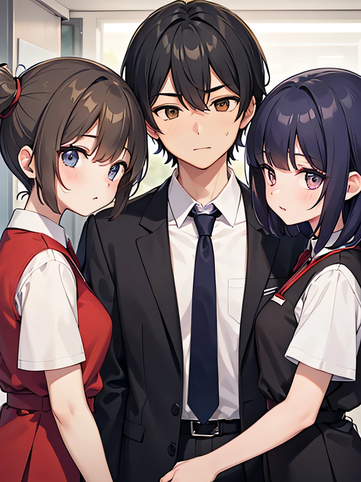 A man is surrounded by three office ladies.。One of the three women is a male senior.、One is a male colleague、One is a male junior.。The man is wearing a suit and looks nervous..。The location is the office。