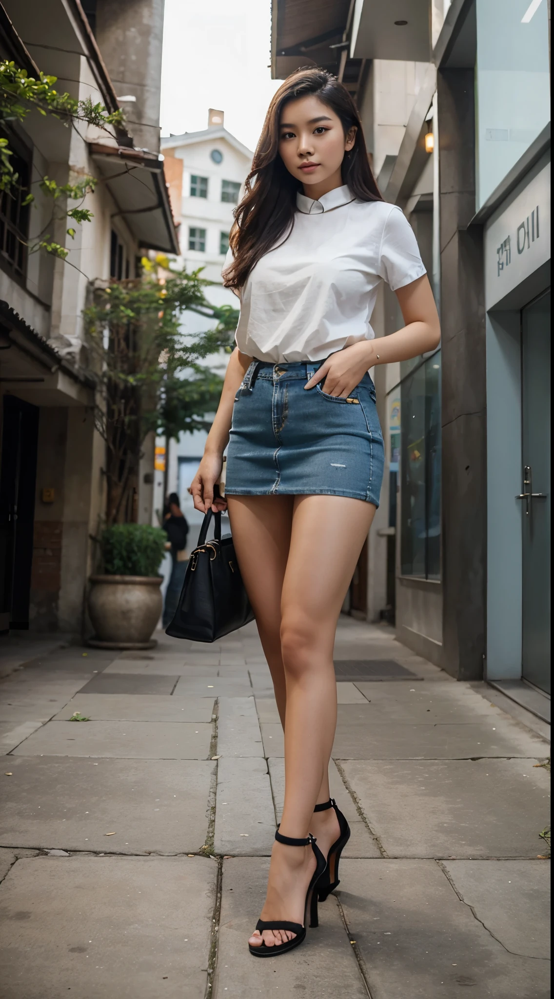 A beautiful vietnamese woman wearing short jeans skirt standing in The Gargen. Full body