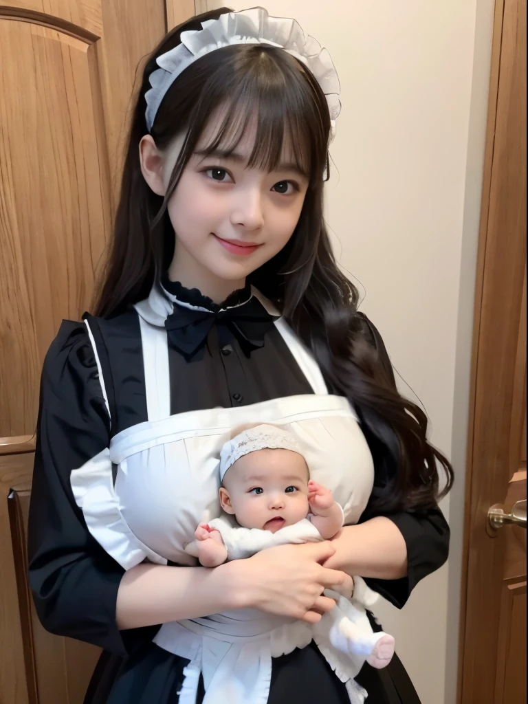 A girl holding her baby on a hospital bed. In a patient dress.