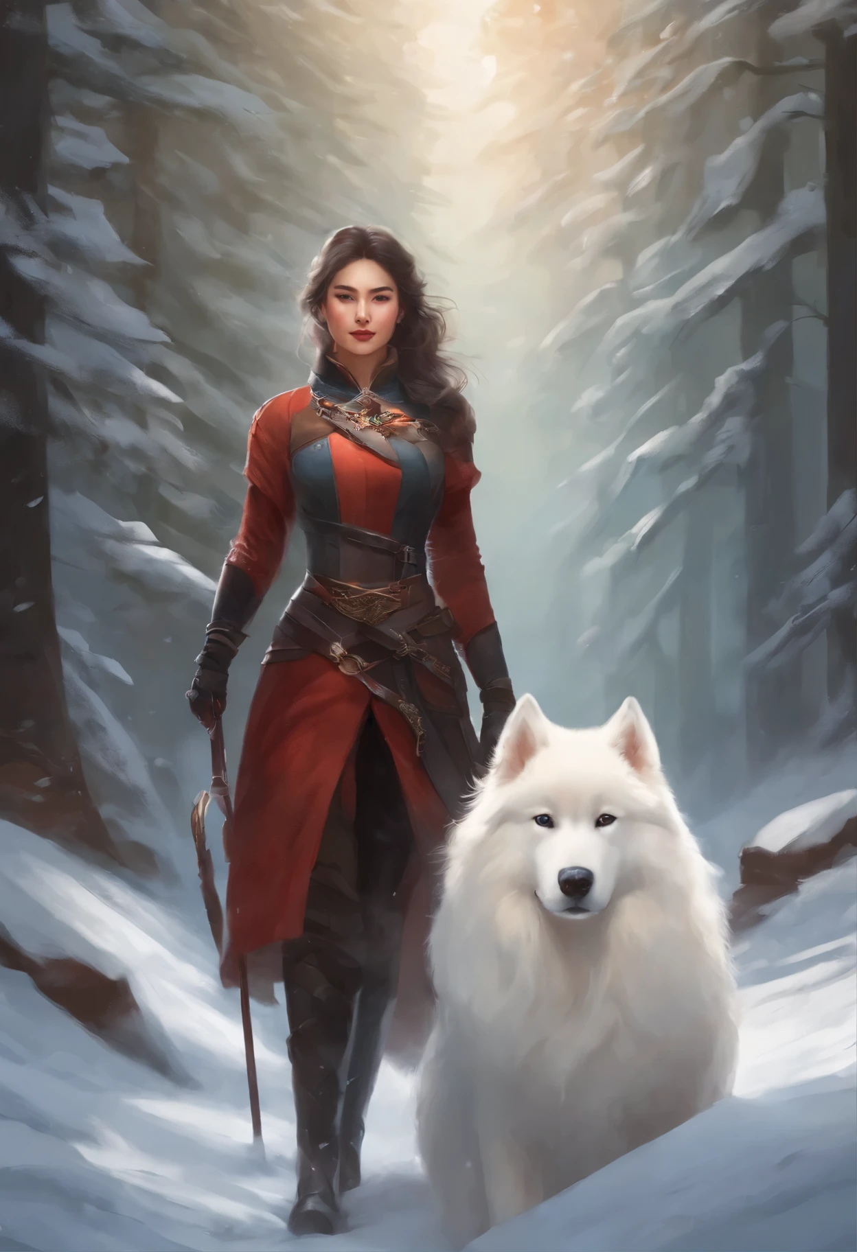 a woman and a white fluffy Samoyed dog stand together on a forest path looking at the snow-capped mountains, artgerm and atey ghailan, ruan jia and artgerm, artgerm and ruan jia, extremely detailed artgerm, Yang J, ig model | artgerm, artgerm. high detail, Character portrait, portrait of female paladin
