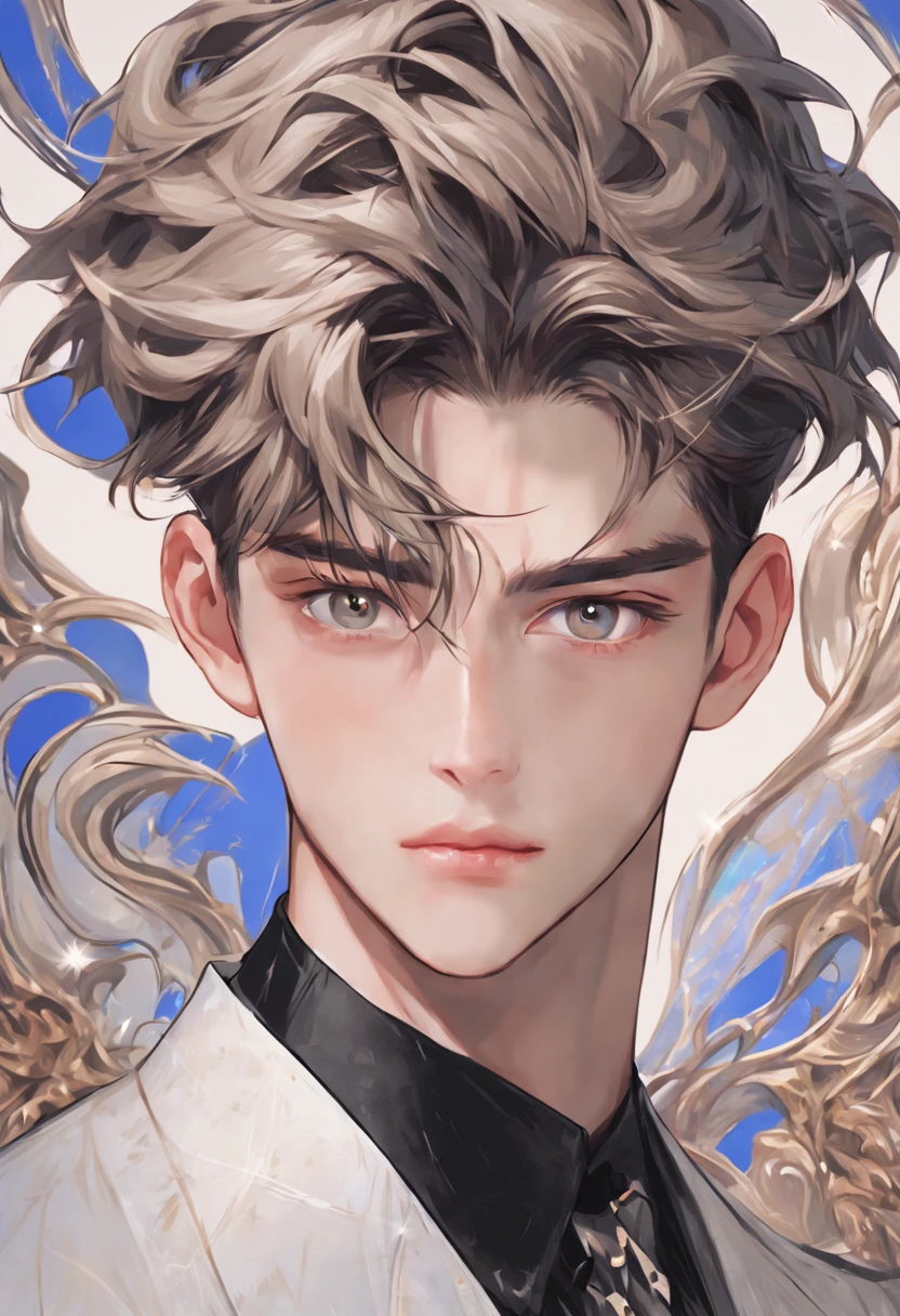 Rotated, (((Handsome young man))), looking straight at camera, Modern Fantasy, Idol style, bts style, Young face, face of a man about 16 years old, half updo, Complex light, there is a place for an inscription