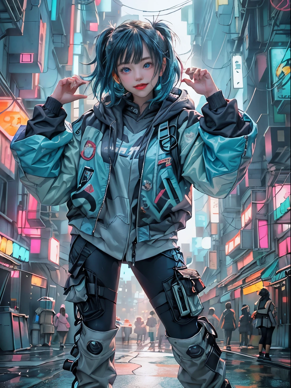(RAW photo, best quality, high quality, highres), (realistic, photo-realistic), ultra-detailed, (front lighting), physically-based rendering, real life, 1girl, 20 years old, (((looking at viewer))), (highly detailed skin:1.3), (cute smile with dimple, cleft chin), head tilt, (blue hair), (blue eyes), very very long longest hoodie, (tactical cyberpunk jacket, blue and white jacket:1.2, black short cargo pants), white sport shoe, black thighhighs, detailed eyes, air bangs, sunset, futuristic cyberpunk city, (neon lights), standing pose, wide open legs, NSFW