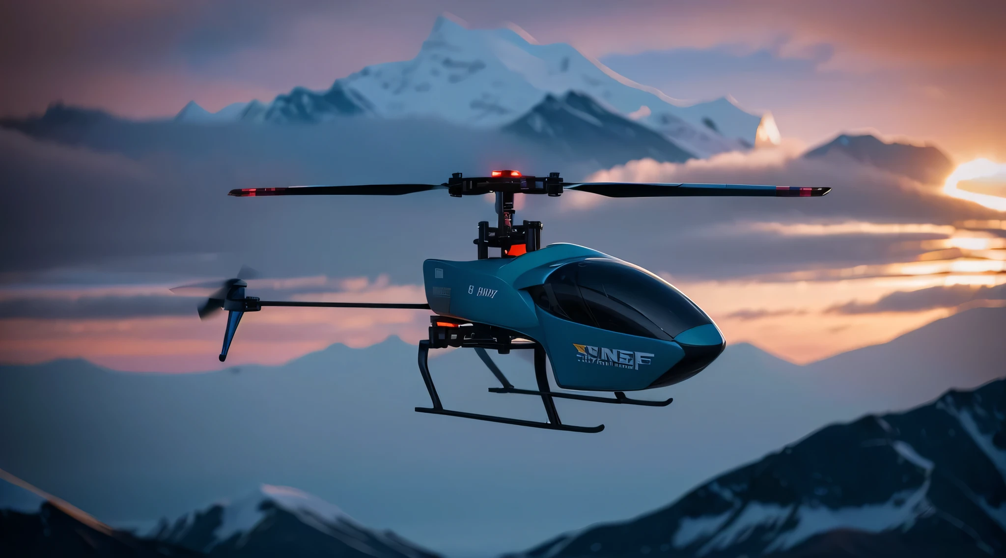 Drones fly in the sky，Below are the mountains and snowy mountains，The snow-capped mountains are majestic and vast，Drone poster，E-commerce poster，Helicopters and drones remain unchanged，add background
