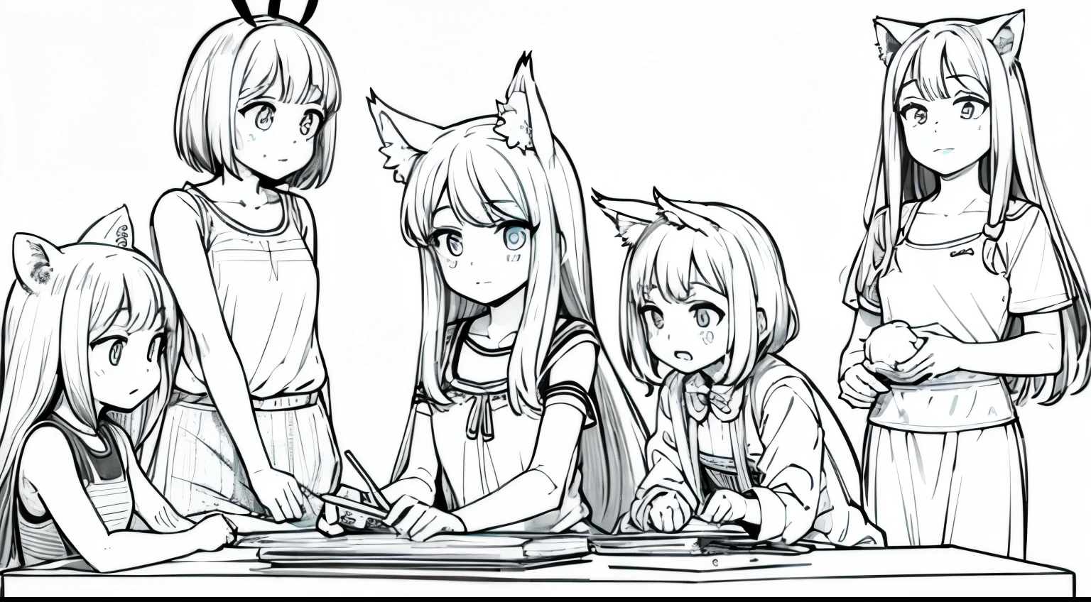 childrens with ,animal ears,(white background, line drawing),standing