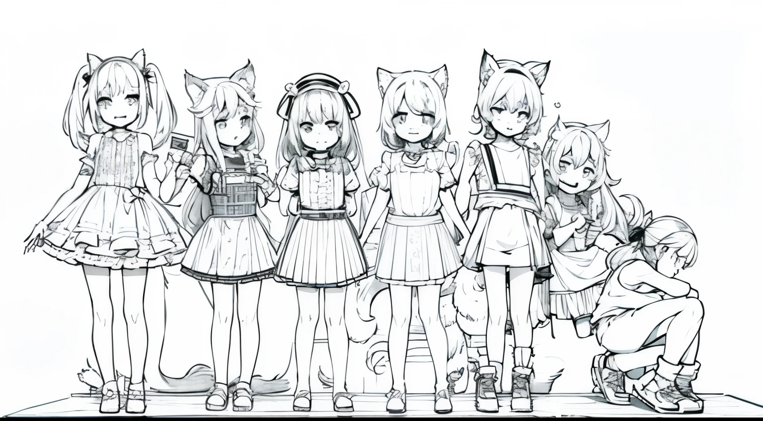 childrens with 10 years,animal ears,(white background, line drawing),standing