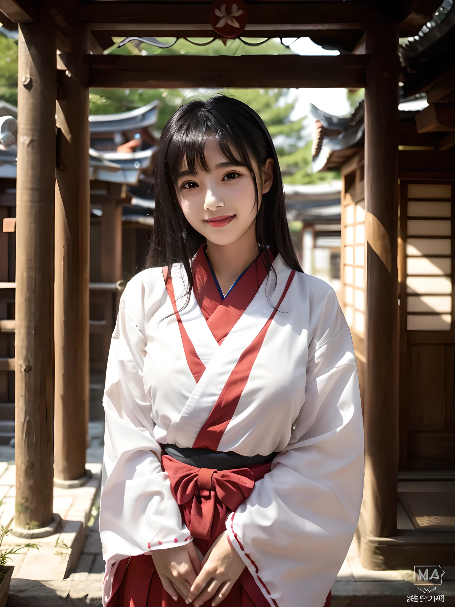 ulzzang -6500-v1.1,(masutepiece, top-quality:1.3),(Top image quality,8K:1.3),Realistic high-quality photos,top-quality, Photorealistic, , High resolution, BREAK 1 Japanese girl, 18 years old,Beautiful Girl, extra detail eyes, Very detailed face, Floating hair, Solo Standing, shrine maiden_Clothes, Red Hakama, shrine maiden_Dress, (Black hair) Bangs, blush gentle smile, Large breasts, BREAK Outside Shrine , Detailed background,spectacular movie lighting, Octane Rendering,