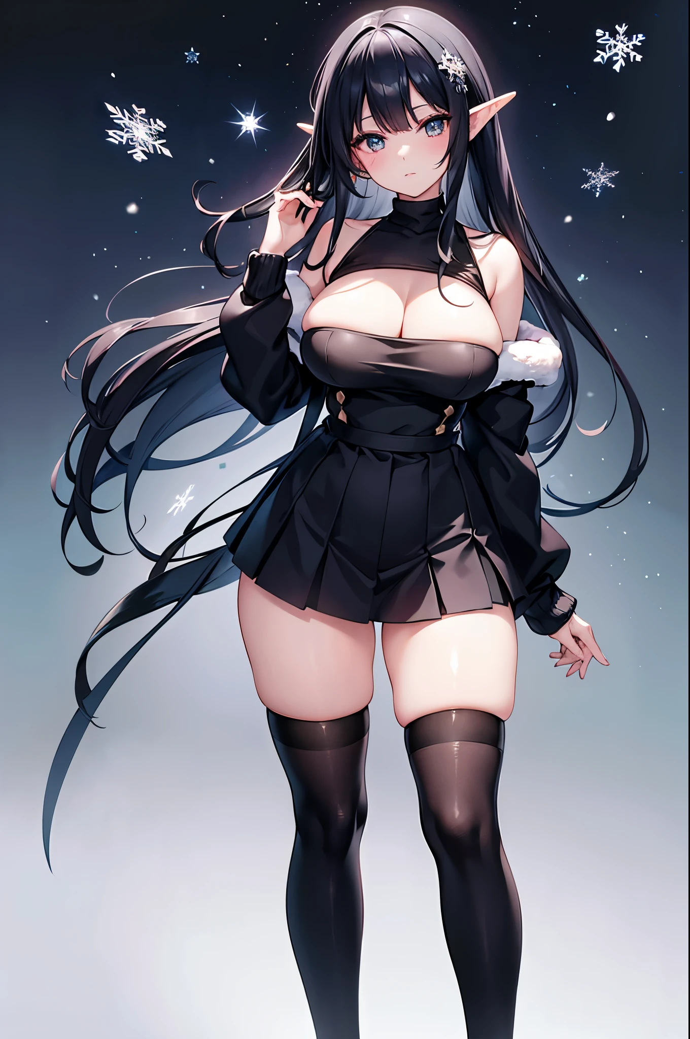 detailed image, realistic image, 1 elf. She has long black hair with some red locks, large turquoise eyes and a delicate oval face, medium breasts and a curvy figure. She wears a Christmas off-shoulder sweater, Christmas pleated miniskirt, thin thong, mid-thigh high boots. Gift box. Snowflakes. Full body view. Black background, uniform background. Ambient light. Volumetric light