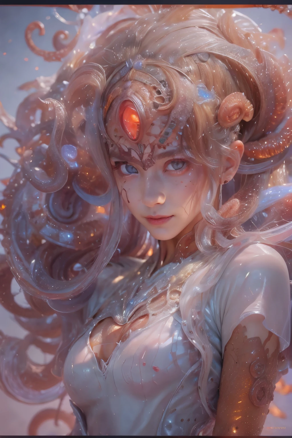 Portrait, (beautiful female alien:1.2),  (There is a female genital-like organ in the middle of the forehead:1.8), (The most beautiful face in the history of the universe:1.2), (Scarlet eyes that shine mysteriously:1.6), (Translucent skin:1.8), an evil gaze that seduces, (red eyes:1.5), (large mouth:1.1), sharp teeth like a shark, Full body like, (bio luminescent:1.2), (Smile wickedly:1.3),  (sexypose:1.5), alien, No humans, cells are fused, (Lots of translucent tentacles:1.1) (Translucent skin:1.3), extraterrestrial, cell, bio image, Best Quality, 8K,4K_quality, High Definition, Dramatic Lighting, masutepiece:1.5,cinematic quality, detail up, (Intricate details:1.2), High resolution, High Definition, drawing faithfully, (Thick eyebrows:1.2), Beautiful eyes with fine symmetry, (Ultra detailed eyes:1.2),(Highly detailed face and eyes:1.2), (High-resolution red-eye:1.4), Intimate face, (Super detailed skin quality feeling:1.4), Perfect Anatomy,  (Beautiful toned body:1.5),  (Moist skin:1.2), No makeup, (dark circles:1.1), long canines, cinematic drawing of characters, ultra high quality model, cinematic quality, detail up, (Intricate details:1.2), High resolution, High Definition, drawing faithfully, Official art, Unity 8K wall  , 8K Portrait, Best Quality, Very High resolution, ultra detailed artistic photography, midnight aura,  unreal enginee 5, Ultra Sharp Focus, art by alberto seveso, ArtGerm, Roisch, intricate artwork, best quality, masutepiece, ultra High resolution, (photos realistic:1.4), Ultra-realistic realism, dream-like,  nautilus, Creation of fantasy, Snail, Dream Snail,  biopunk nautilus, Thrilling color schemes， Ultra-realistic realism， seductively smiling, Blue tentacles
