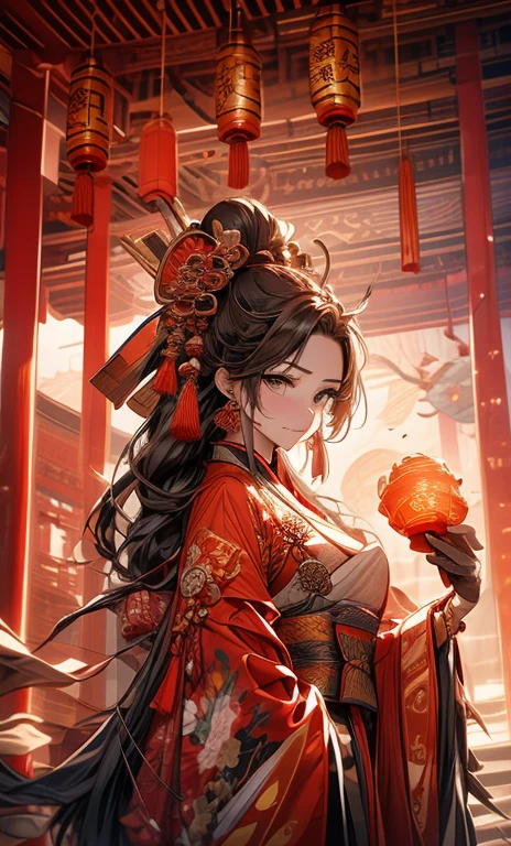 one pretty woman,穿着Chinese ancient style长袍,Ethereal temperament,Ambilight,There is a Chinese dragon suspended behind it,Holding a handful of scenes in hand,Face full of murderous intent,3D,Chinese ancient style