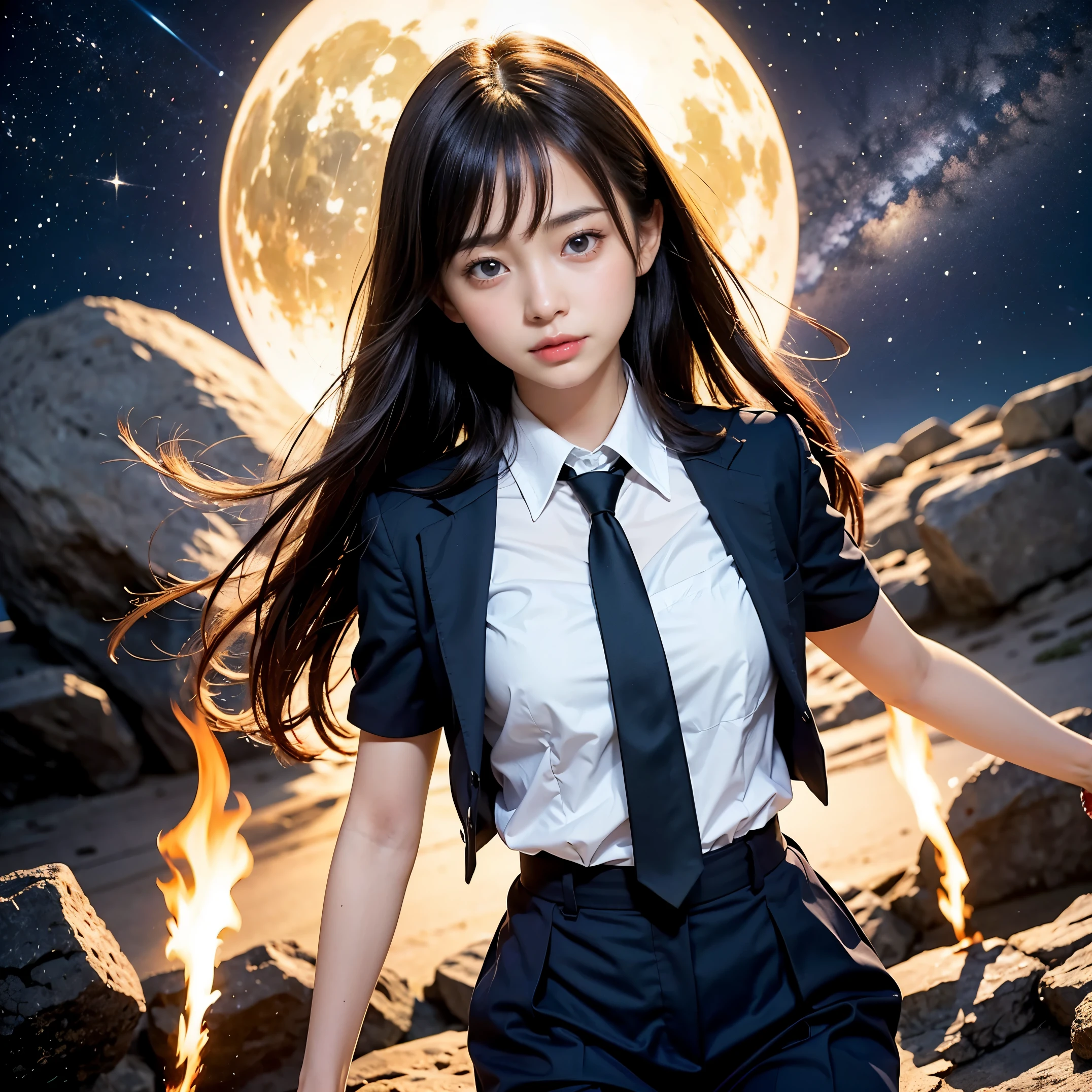 (masutepiece, Best Quality:1.2), 8K, Official art, Surprised expression、put one's hand over one's mouth、Wearing a suit、Gesture of removing tie、You can see the chest、Rough image of a girl in uniform holding a globe, official artwork, portrait anime space cadet girl, with earth, girl in space, Space High School, Space Girl, planetes, Trending on CGSTATION, 太陽系外planetes, Official art, Mar Planet, beautiful anime high school girl, sakimichan, planetesの隣に浮かぶ, in intergalactic japan、Five Fingers Photos'Body of, full body Esbian、Suit Beauty、Big Dipper in the background、star explosion、A dark-hairedの美しい裸足の女性, hold a flame in your right hand、tie a tie with your right hand、Turn your face up、looking-down、cool expression、明るい溶岩の光が小planetes帯の下から壊れた地球の上に昇る(Jagged rock rocks and fragments shot into the air:1.3) (Storm of windy dust debris:1.1) Volume fogmist by trace Z、It can allow bright light from below to pass through、 (masterpiece) (top-quality) (detaileds) (8K) (电影灯光) (foco nítido) (Convoluted)A dark-haired、years、small tits、A delightful、A smile、unbelievable Ridiculous, (a beauty girl, Pretty Face, arching back down, Gold hair ornament on hair、wearing a suits、close up, Wearing a suit, Short sleeve, gardenia, violaceaess, spaces , Looking at Viewer, Film grain, chromatic abberation, オッパイfoco nítido, face lights, Dynamic lighting, Cinematic lighting, detailedsな目と顔, (Gray tie、1 copy:1.2)