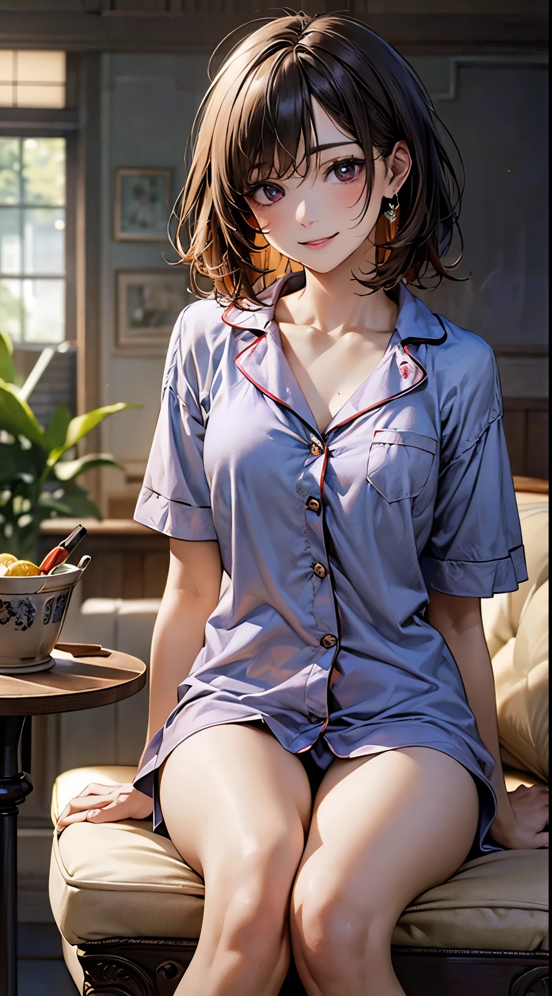 ((perfect anatomy, anatomically correct, super detailed skin)), 1 girl, japanese, , (detailed ultra-oily shiny skin:1.1), watching the view, adorable smiling, 
beautiful hair, beautiful face, beautiful detailed eyes, (short hair:1.2, messy hair:1.2), parted bangs, babyface, 
beautiful clavicle, beautiful body, beautiful breasts, (large breasts:0.8), beautiful thigh, beautiful legs, 
((pajamas)), 
(beautiful scenery), living room, table, sitting cushion, 
(8k, top-quality, masterpiece​:1.2, extremely detailed), (photorealistic), beautiful art, visual art, depth of fields, cinematic lighting, ,