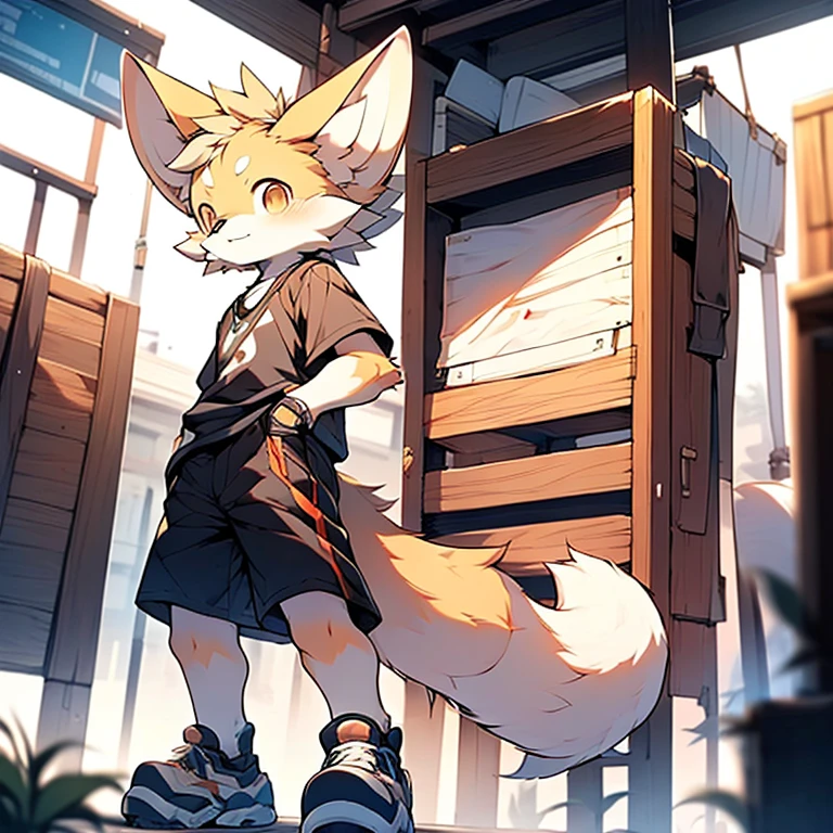 boy,Fennec fox ,Wear short sleeves and shorts,Wear sneakers,systemic,Young,adolable,The is standing,独奏,