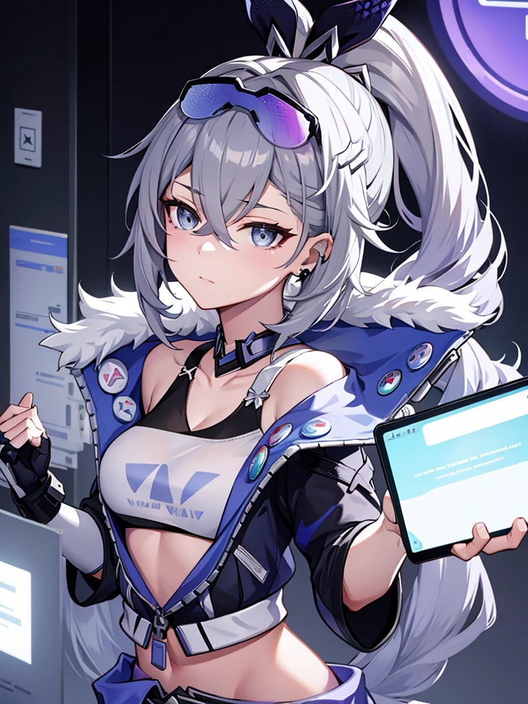 sliver wolf /(honkai:star rail/), grey hair(drill ponytail), fur trim jacket, sunglasses (piercing gaze)(cold expression), beautiful face, beautiful eyes, ultra hd, high resolution, best quality, 8k, top quality, Anime character, game character, girls, video game, silver wolf, honkaistarrail