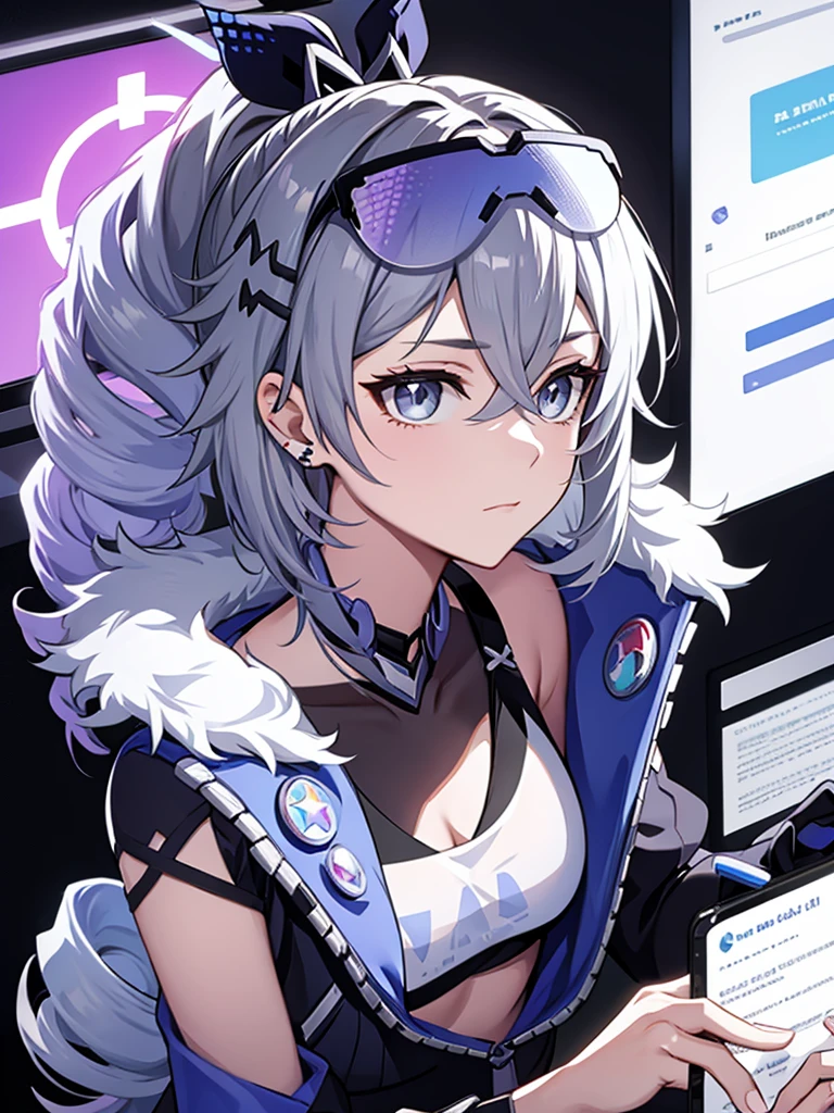 sliver wolf /(honkai:star rail/), grey hair(drill ponytail), fur trim jacket, sunglasses (piercing gaze)(cold expression), beautiful face, beautiful eyes, ultra hd, high resolution, best quality, 8k, top quality, Anime character, game character, girls, video game, silver wolf, honkaistarrail