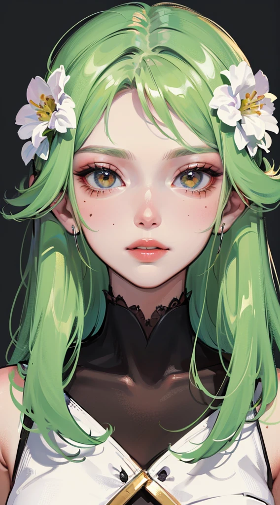 anime girl with moss And mold around her, detailed portrait, close up, space background behind her, dripping liquid metal leaf's around her, roses flourishing around her, close up of face