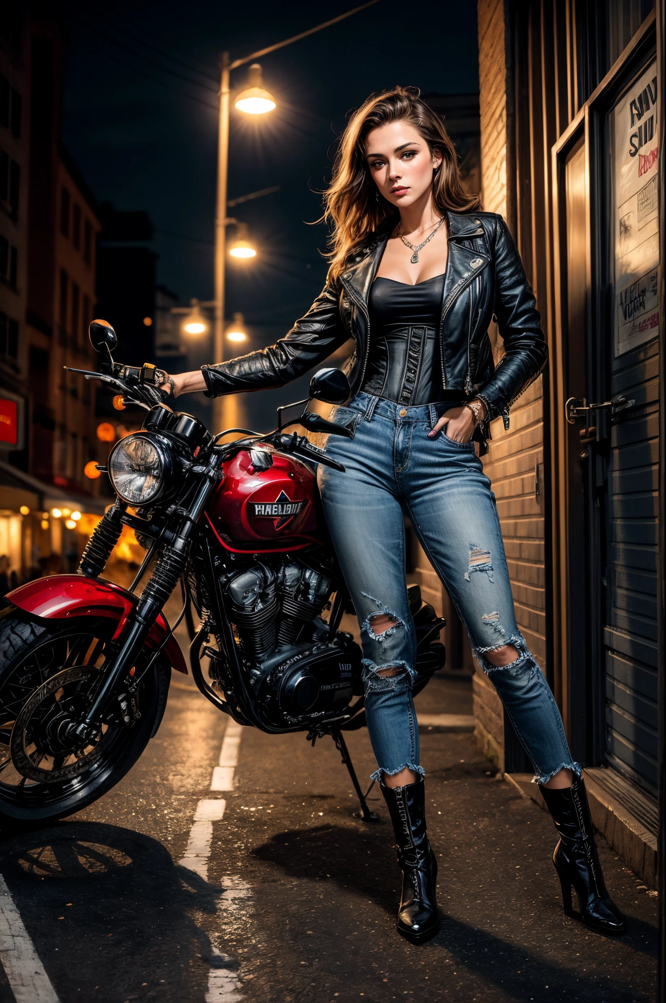 ((full bodyesbian)),((Best quality at best)),((tmasterpiece)),(detailed),(actual),Young woman,Brown hair,hazel eyes,Stunning face,of expressions,Sexy clothes,jaqueta de couro,Lace turtleneck bustier,denim pant,boots,choker necklace,(Cyclists:1.2),(the night:1.3),Riman,neonlight,the motorcycle,people,Music,(rebel:1.2),(acrycle painting:1.2),(James Dean:1.1),(trending art:1.2),vivd colour,Bold silhouetandscape composition:1.3),8K