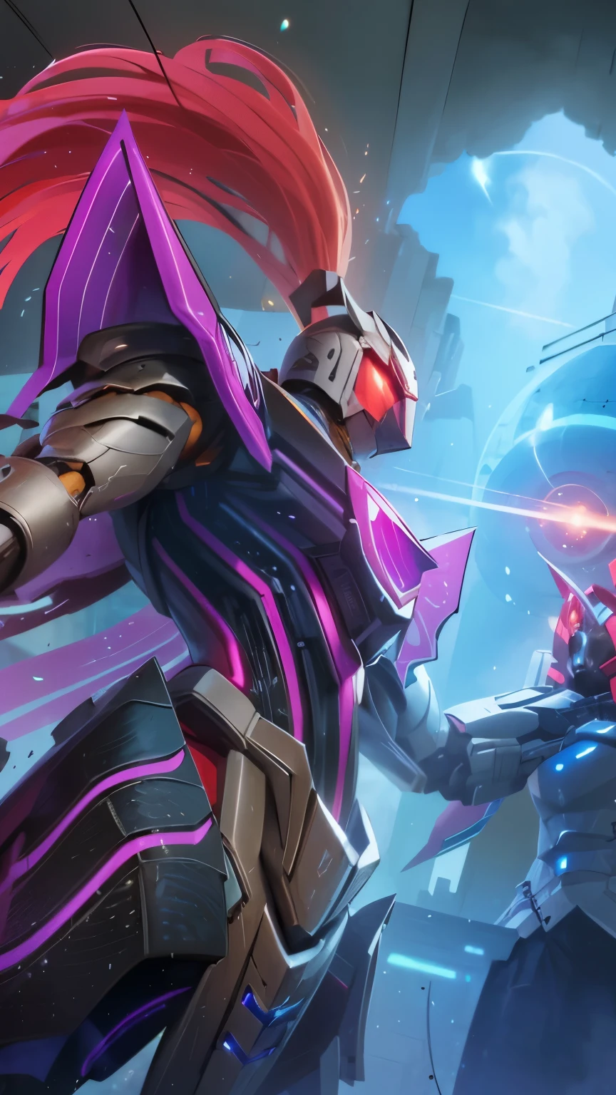 (Realism, photorealisim: 1.3), (lens focal length: 35 mm), Backlight, a knight's mechanical armor, luxurious and exquisite shape, a blue glowing cross carved on the chest of the mech, the mecha holds a red glowing wide and heavy armor sword, the red scarf sways in the wind, the knight's eyes are red flame light, and the battle posture is drawn
