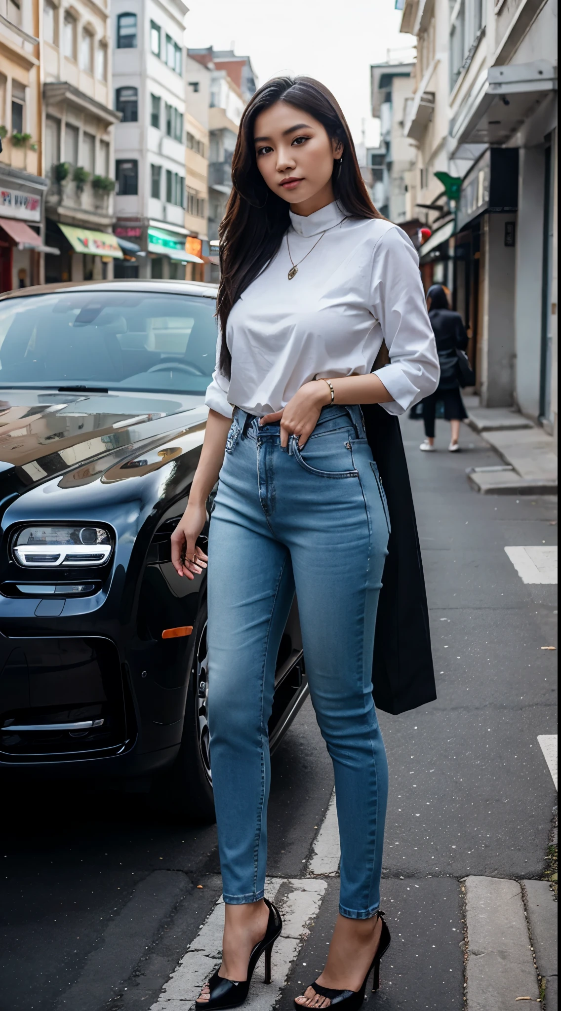A beautiful vietnamese woman wearing long fashionable jeans pant. She is standing on the street, next to a Rolls-Royce Phantom. Full body