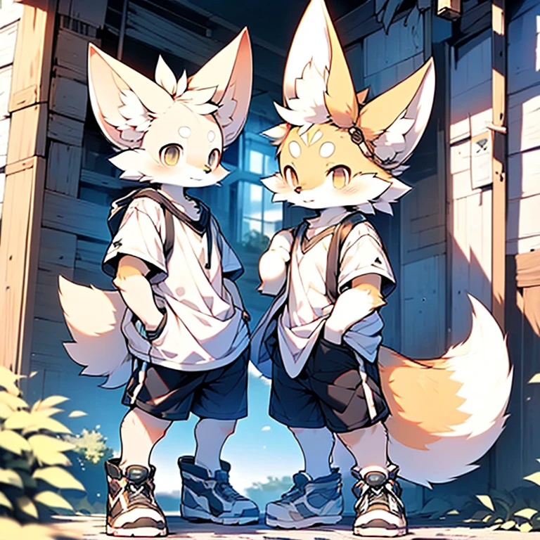 boy,Fennec fox ,Wear white short sleeves and black shorts,Wear sneakers,systemic,Young,adolable,The is standing,独奏,