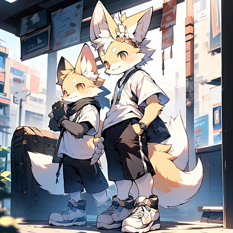boy,Fennec fox ,Wear white short sleeves and black shorts,Wear sneakers,systemic,Young,adolable,The is standing,独奏,