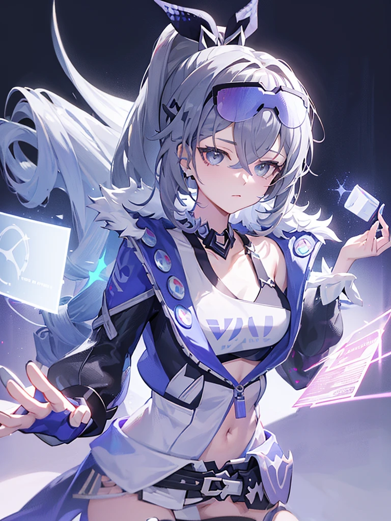 sliver wolf /(honkai:star rail/), grey hair(drill ponytail), fur trim jacket, sunglasses (piercing gaze)(cold expression), beautiful face, beautiful eyes, ultra hd, high resolution, best quality, 8k, top quality, Anime character, game character, girls, video game, silver wolf, honkaistarrail
