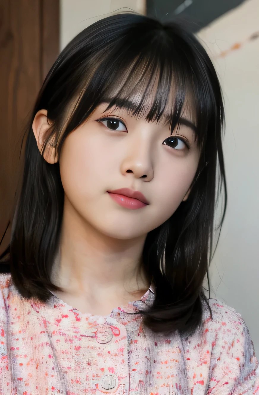 (8K、Raw photography、top-quality、masuter piece:1.2)、ultra-detailliert、ultra res、(realisitic、realisitic写真:1.37), (Japan girls at 12 years old, Round face, Bangs:1.3), (japanaese girl:1.2), (early teen:1), (Smile:0.5),