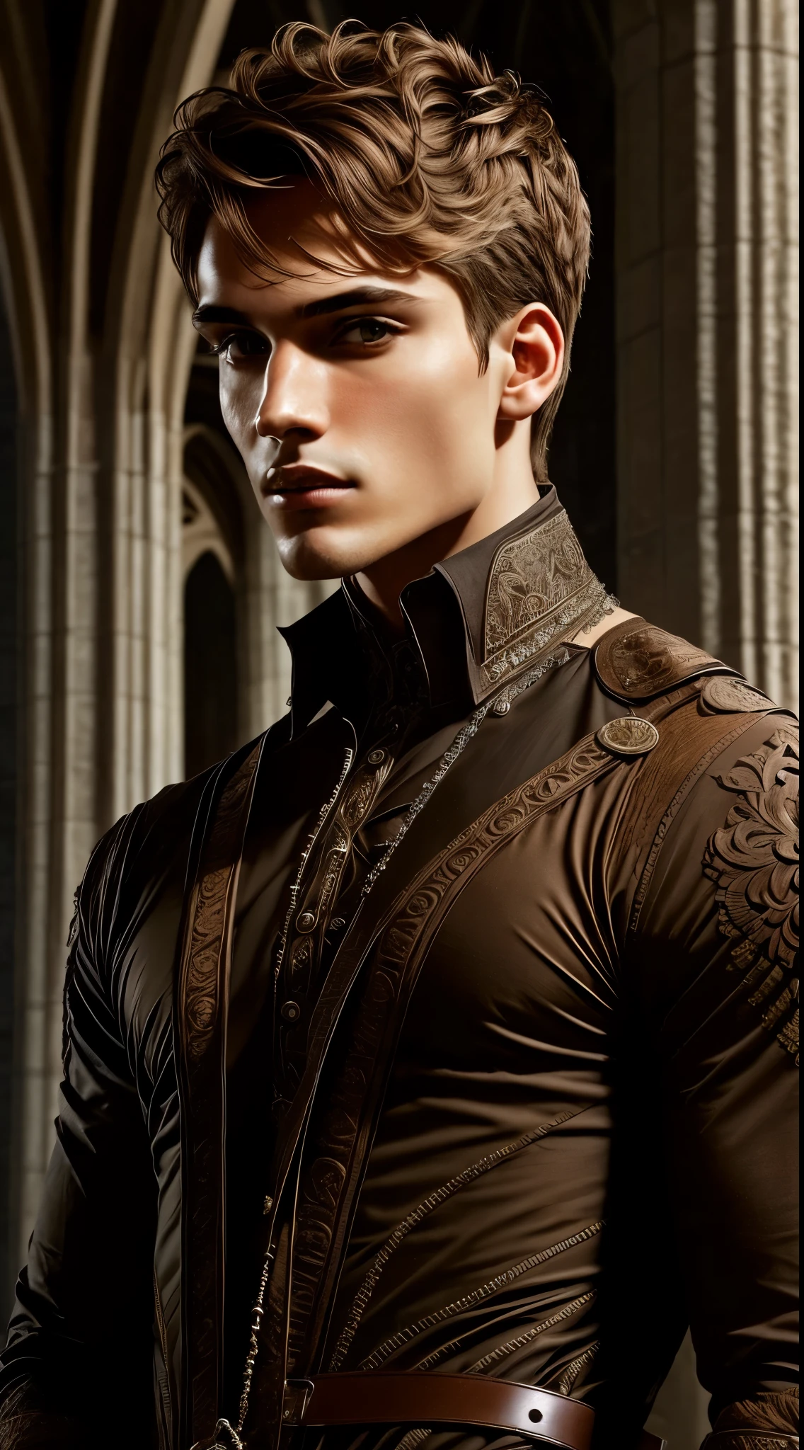 (papel de parede 8k extremamente detalhado), a medium photo of a young male model, olhos azuis, brown hair, maxilar forte, corpo em forma, que altura, corpo inteiro, prince&#39;s aesthetic, gothic architecture, not shirt, soft lighting