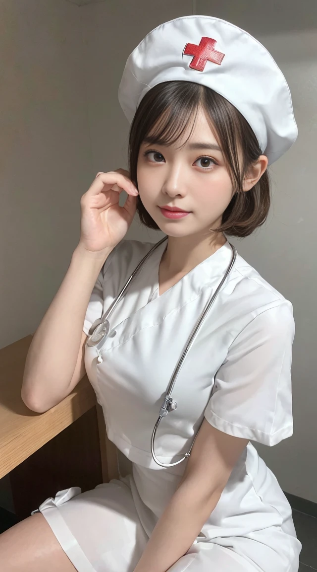 Innocent 14-year-old girl，Colossal tits:1.2,:1.2、(shooting:1.3) (White nurse's uniform:1.5),( Short white dress:1.5),(white nurse hat:1.5),(White nurse pump:1.5), (Squat:1.3）、angled:1.2、（Put your hands down:1.5）、In the background is a hospital room、ssmile,short  cut、RAW photogr, (8K、quality、masterpiece:1.2)、(intricately details:1.4)、(真实感:1.4)、octane renderings、Complex 3D rendering hyper-detail, Studio soft light, Edge lights, vibrant detail, super detailing, realistic skin textures, detailface, beatiful detailed eyes, Very detailed CG Unity 16k wallpaper, cosmetics, (detailedbackground:1.2), Glossy glossy skin, full bodyesbian,Squat and bend your knees