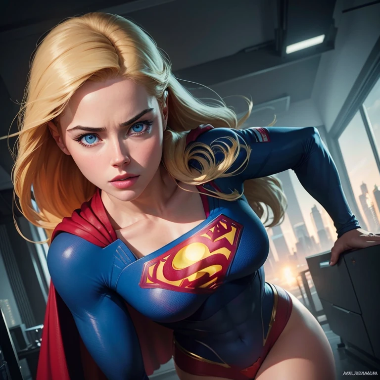 Super realistic portrait of Amy Adams as Supergirl with an extremely detailed depiction of her face, capturing her beautiful eyes, nose, and lips. The artwork will showcase her in a powerful and confident pose, showcasing her superhuman abilities. The scene will be set in a vibrant cityscape, with tall skyscrapers and bustling streets. The overall image quality will be of the highest standard, with a resolution of 64k and ultra-high definition. The medium used will be a combination of digital illustration and photography, creating a unique blend of realism and artistic style. The colors will be vivid and vibrant, with a slight cinematic tone to enhance the superhero atmosphere. The lighting will be dynamic and dramatic, with strong highlights and shadows, emphasizing the strength and determination of the character. This masterpiece will bring out the true essence of Supergirl, highlighting both her inner strength and outer beauty.