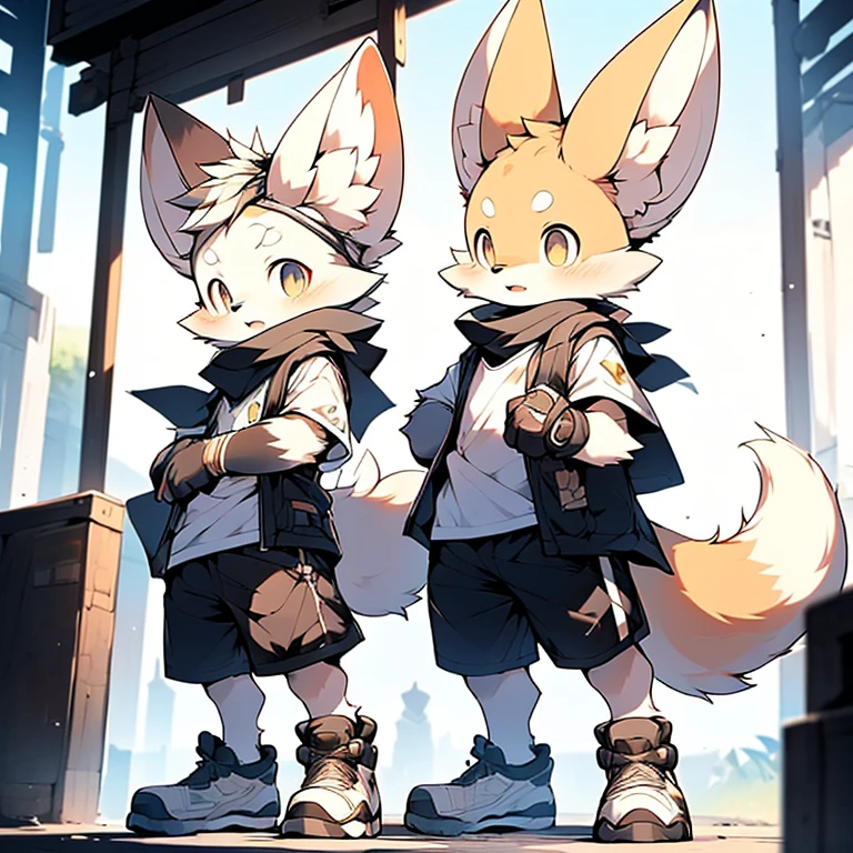 boy，Fennec fox ，Wearing a black scarf，Wear sports gloves，Wear white short sleeves and black shorts，Wear sneakers，systemic，Young，adolable，The is standing，独奏，