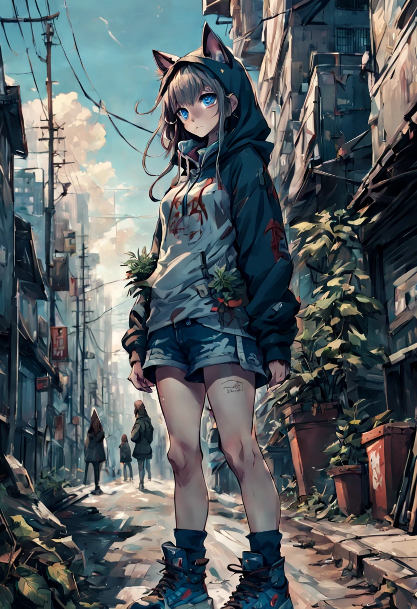 Anime Catgirl, Post apocalypse, city, standing in street, lots of plants, Hoodie, Sneaker, basecap, cool looking, style, masterpiece, blue eyes, long hair