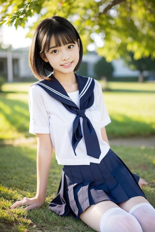 (((masterpiece))), (((Full body photo))), (One beautiful Japan girl, classmates, landscape and innocence,kawaii) ,超A high resolution, Realistic, ultra-detailliert, 8K,top-quality, Extremely detailed, Detailed background,A slender,very beautiful japanese girl, Detailed face:1.3), (Bery short hair,A dark-haired :1.4), (a baby face,kawaii系,adorable 14 year old girl), (Perfect body:1.1), (Neat sailor suit,Dark blue mini skirt、Dark blue high socks、lowfers), Sitting on the lawn in the park,relaxed expression,,Show your beautiful teeth,Focus on the crotch,Panties are visible,Underwear is sheer,rosy cheeks,Super Detailed Face、Detailed lips、A detailed eye、small gravure idol,Transparent skin、Lori,japanese hight school uniform,Shade,Under a big tree,电影灯光,Lean forward