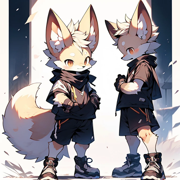 boy,Fennec fox ,Wearing a black scarf,Wear sports gloves,Wear white short sleeves and black shorts,Wear sneakers,systemic,Young,adolable,The is standing,Sideways,head bowed slightly