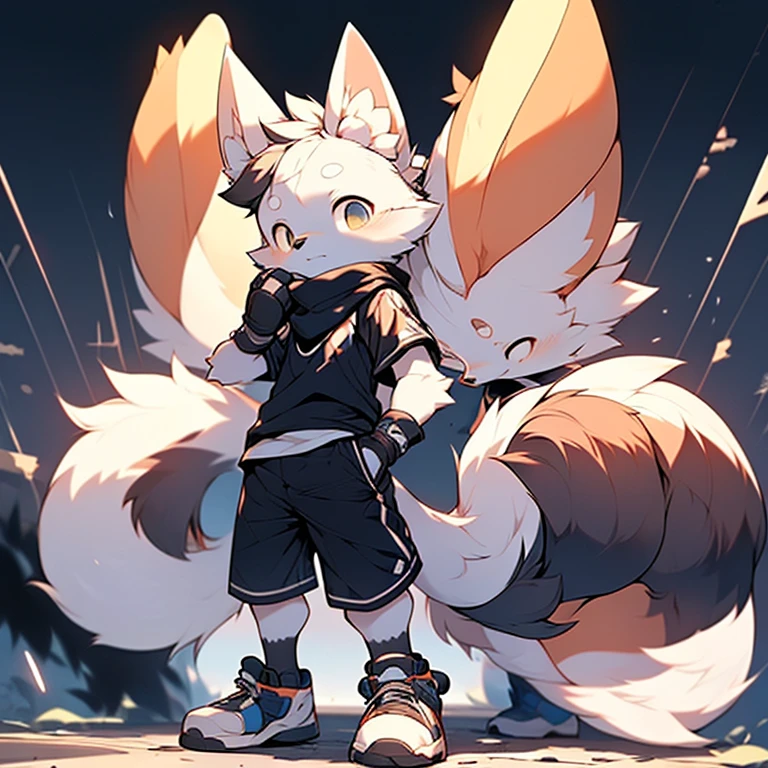boy，Fennec fox ，Wearing a black scarf，Wear sports gloves，Wear white short sleeves and black shorts，Wear sneakers，systemic，Young，adolable，The is standing，Sideways，head bowed slightly
