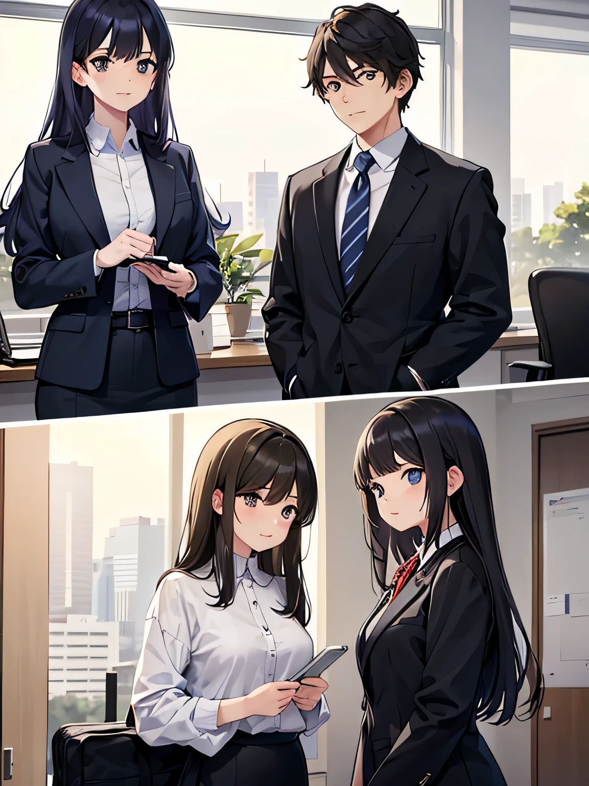 A man is surrounded by three office ladies.。One of the three women is a male senior.、One is a male colleague、One is a male junior.。The man is wearing a suit and looks nervous..。The location is the office。