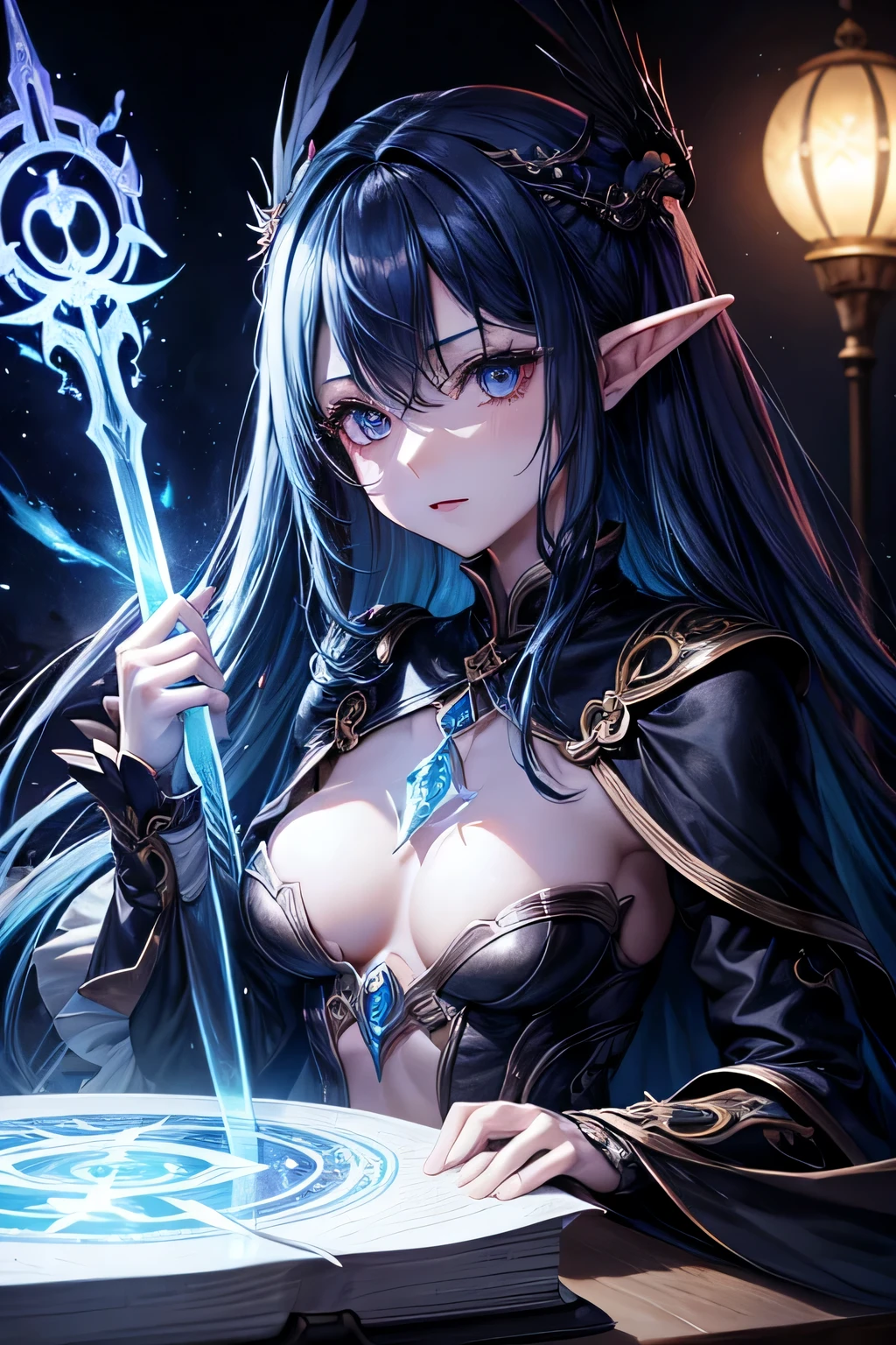 death,blood,night, dark, (Fantasy),Infinite,deep blue sky,The abyss of knowledge,knowledge,((masterpiece)), (((best quality))),((beautiful detailed eyes)),(eyelash),Monster,(1 girl),blue hair,long hair,abyss eyes,Shiny skin,oil,small breast,(bird body,feather),Wearing Rags of cloth, Tzeentch,elf,extremely detailed CG unity 8k wallpaper,masterpiece, ((ultra-detailed)), ((illustration)),colorful,wallpaper,energy,Unknown terror,arcane,Around the magic,magic surrounds,magic rod,book,pages flying all over the sky,Know it all,Predicting the Future,Know the past,Infinite wisdom,blue flame,Warlock,Magical Circle,Pentagram,incantation,mantra,Singing magic,