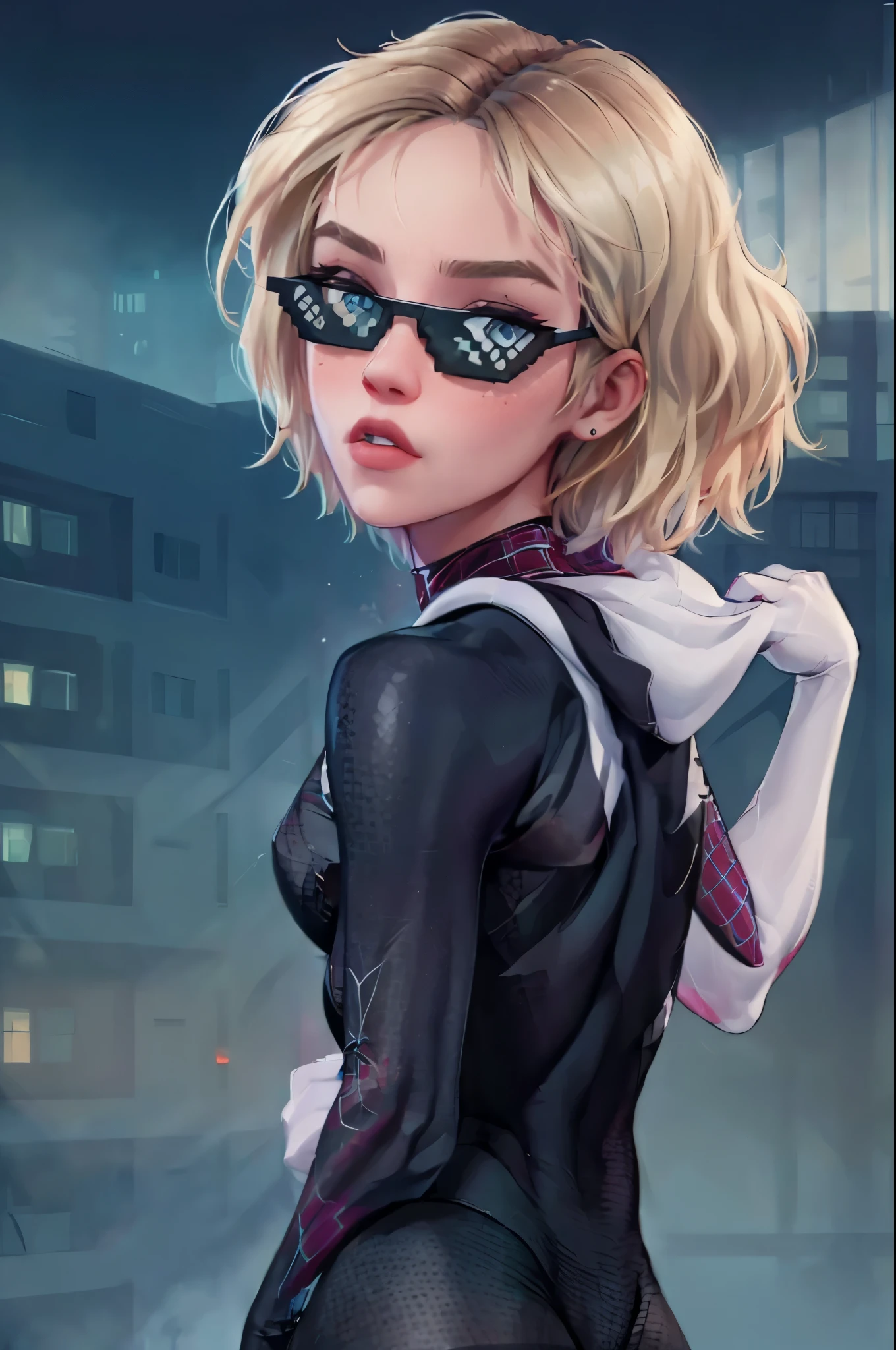 (best quality,realistic:1.37),ultra-detailed,(professional,vivid colors:1.1),portraits, gwen gwen_stacy posing badass looking up,deadpan expression,mean expression,detailed eyes and face,beautiful lips,fierce attitude,confident posture,strong glare,powerful boss ass bitch dark background,studio lighting,medium:oil painting,vibrant colors,subtle brushstrokes incrsdealwithit
sunglasses