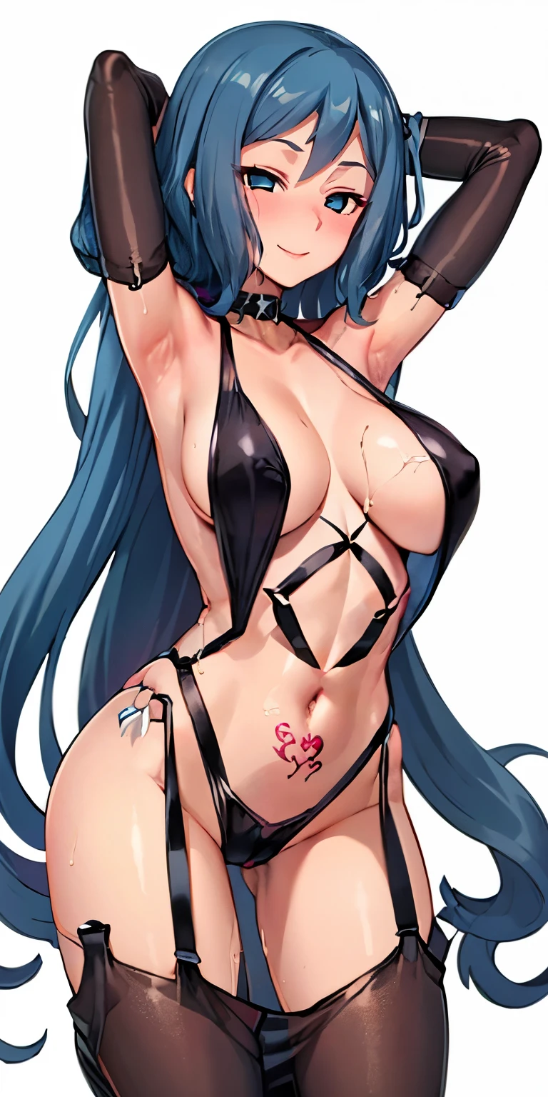 (Masterpiece), Best Quality, ultra-detailed, perfect hands, Delicate eye expression, 1girl (rinko_iori, Sexy, Slender and sexy body, Big, sagging, naked body, Gray hair, long hair, blue eyes (empty eye)),solo,closed mouth, nude,dark skin, swimming suit, undressing,beaching, standing, provocative pose, evil look,wicked smile, Sexy waist teasing, waruochi