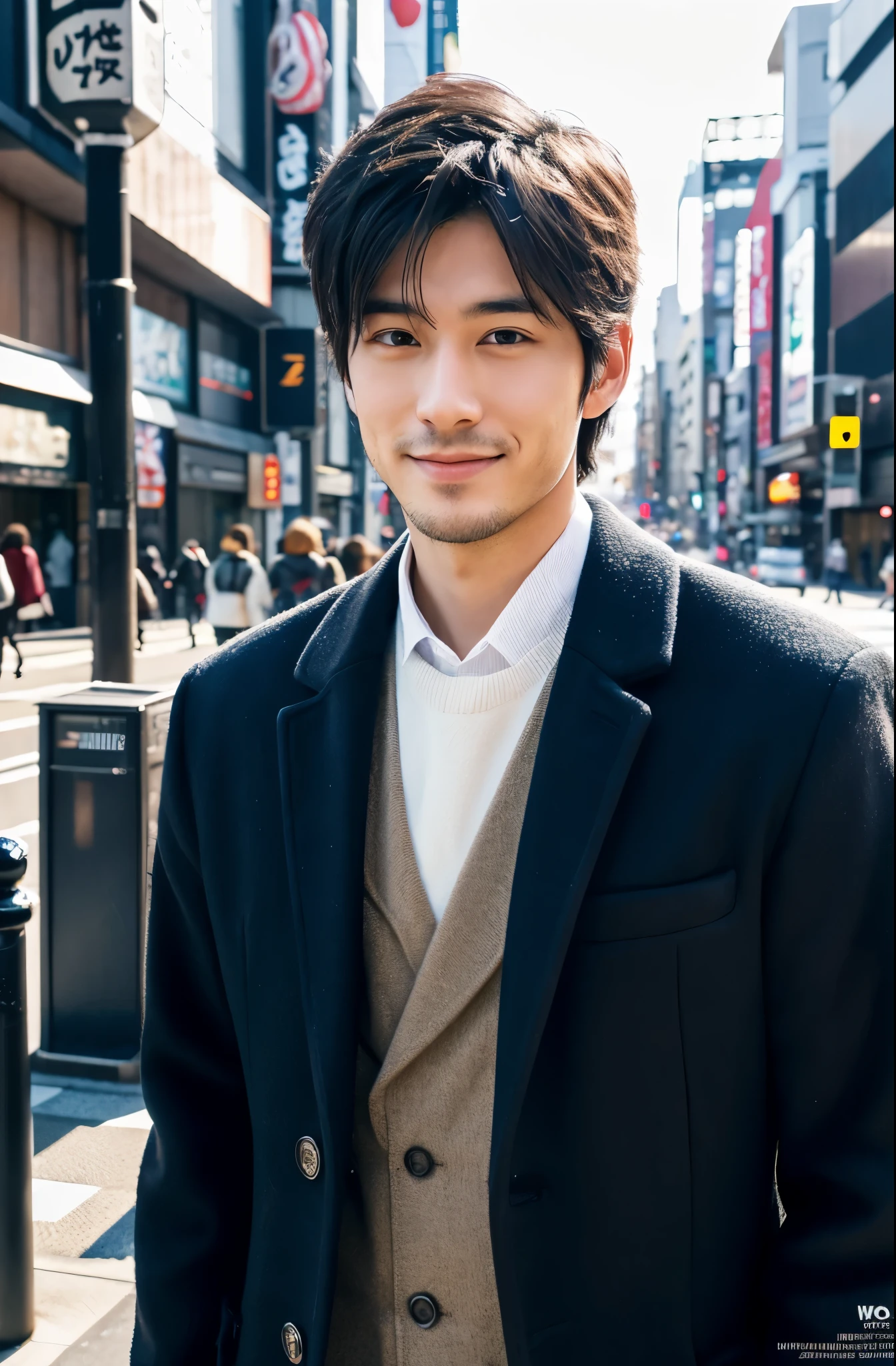 Photorealsitic, 8K full body poster, a handsome, japanes, a 25-year-old man, A charming expression, detailed face details, TOKYOcty, Winters, Shibuya in the background