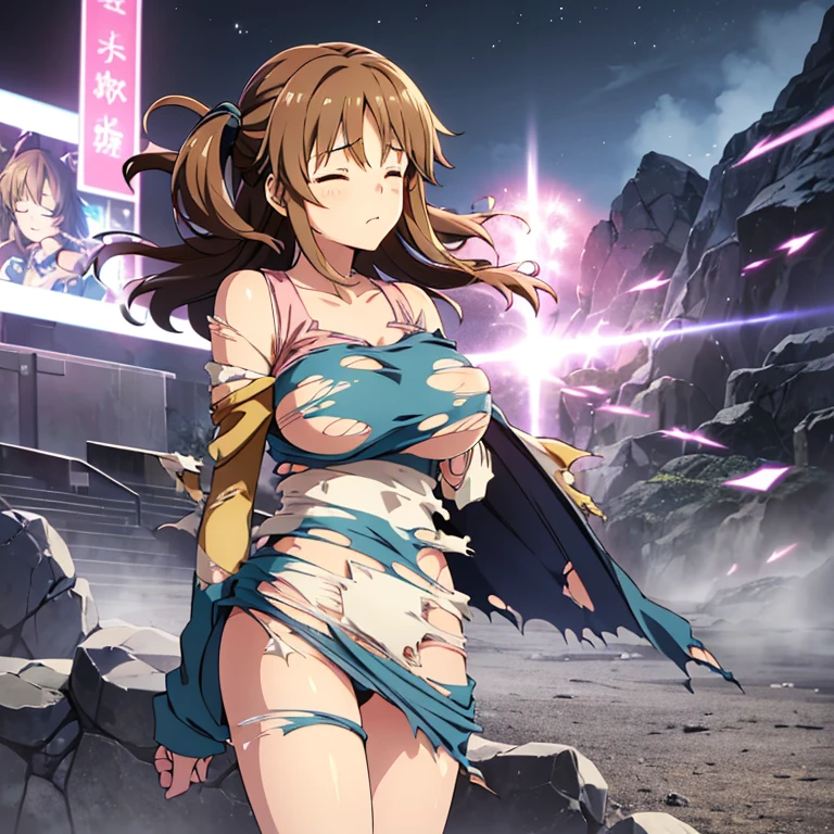 closed_eyes, embarrassed, airi totoki, 1girl, solo, young woman, 19yo, huge_breasts, (((torn clothes:1.3))), ((transformation scene, pink magical_dimension, white magical_effect)),