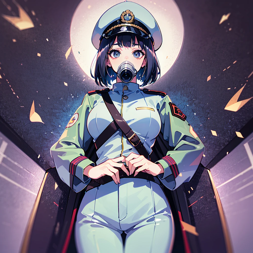 (((masterpiece、Top image quality、top-quality、highly detailed unity 8kwall-paper)))、(Illustration of one woman)、30-years old、(Viceroy)、((Black hair bob cut))、(((Gas mask covering the mouth)))、(((Gas mask covering the mouth)))、Gray eyes、((Tall))、((huge tit))、((Military uniforms))、((Military Cap))、((Military coat))、(white clothes)、(White pants)、(White cap)、trench coat、(((Inside the spacecraft、Inside the bridge、The Universe on the Monitor)))